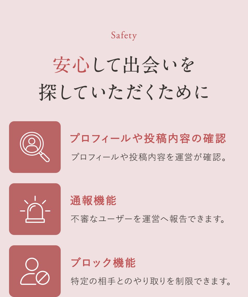 安心して出会いを探すための安全対策：プロフィール確認、通報機能、ブロック機能の説明