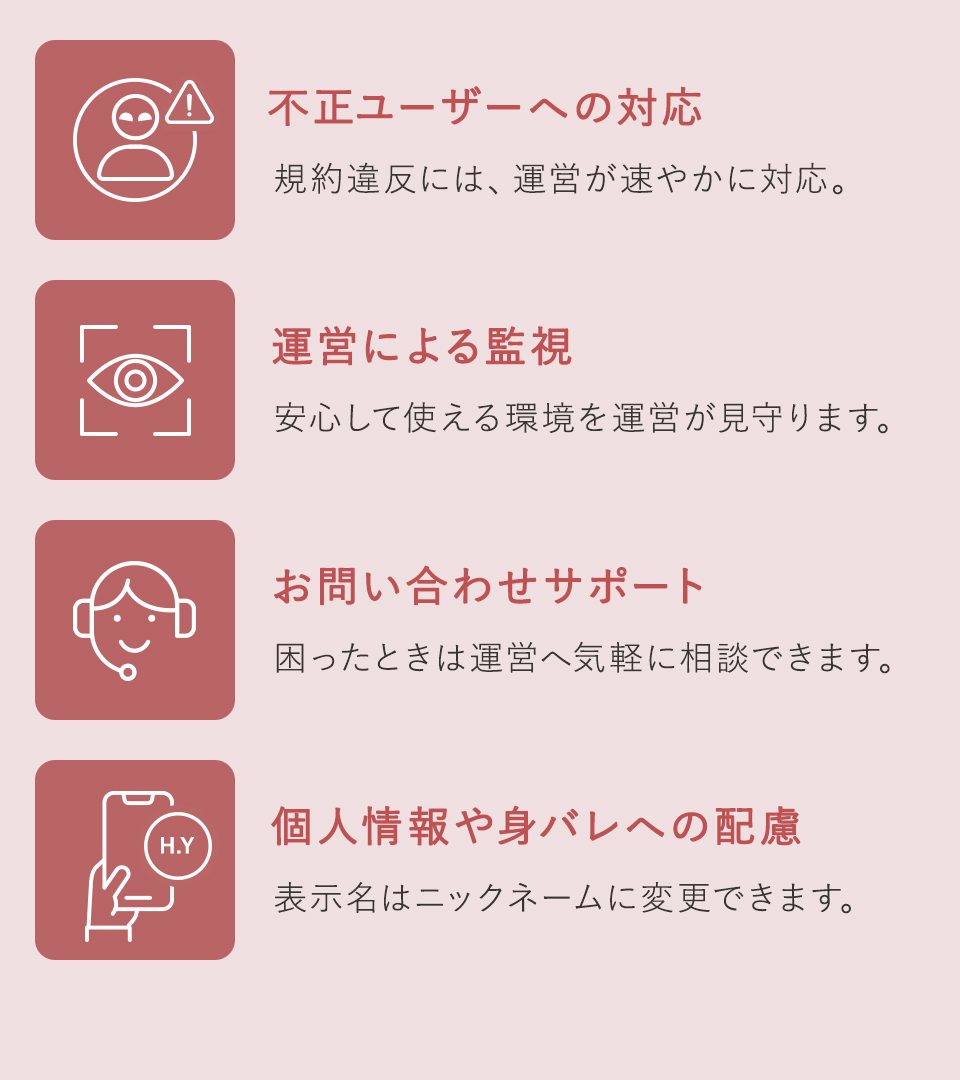 不正ユーザーへの対応、運営による監視、お問い合わせサポート、個人情報や身バレへの配慮についての説明